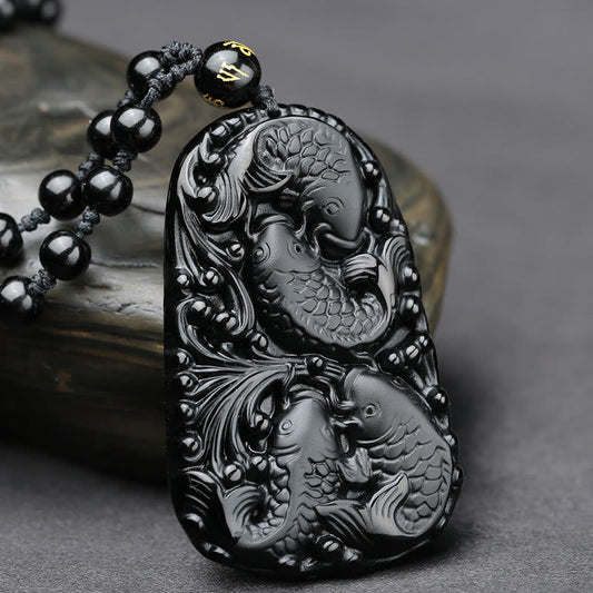 Spirituality Buddha Karma Black Obsidian Koi Fish Engraved Strength Beaded Necklace Pendant
