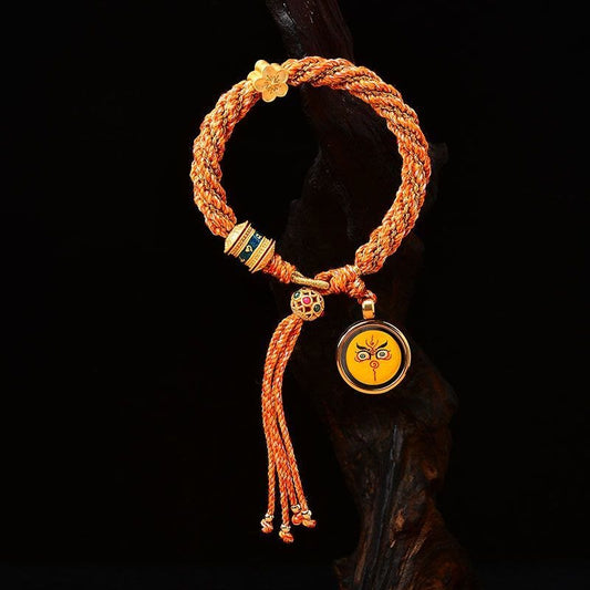 Ancient Tibetan Buddhist Red String Tradition Tibet Handmade Five God Of Wealth Luck Thangka Amulet Prayer Wheel Flower Charm Weave String Bracelet