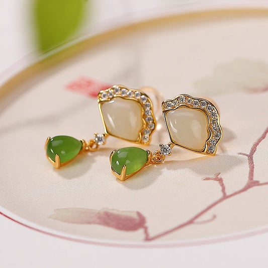 Jade White Jade Cyan Jade Fan Water Drop Pattern Luck Drop Earrings