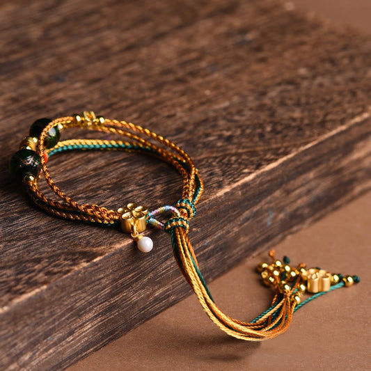 Ancient Tibetan Buddhist Red String Tradition Tibetan Handmade Rope Liuli Glass Bead Braided Multilayered Healing Bracelet