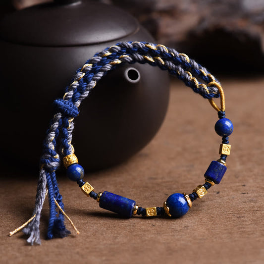 Ancient Tibetan Buddhist Red String Tradition Handmade Natural Lazurite Bead Positive Rope Bracelet