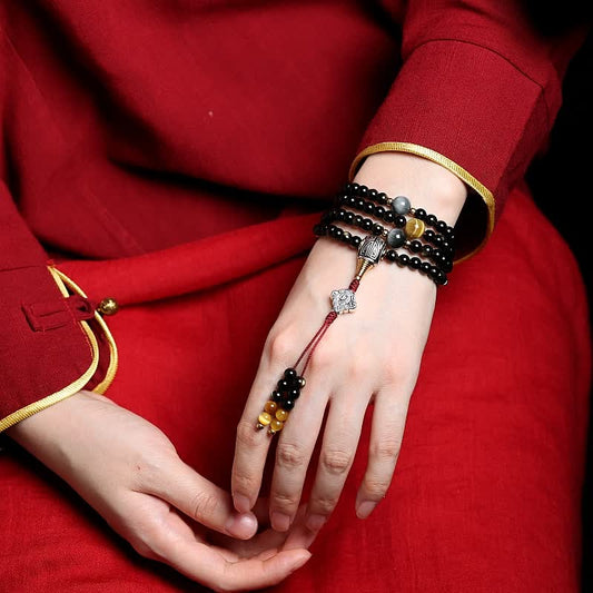 Spirituality Buddha Karma 108 Mala Beads Gold Sheen Obsidian Tiger Eye Eagle's Eye Stone Wealth Bracelet