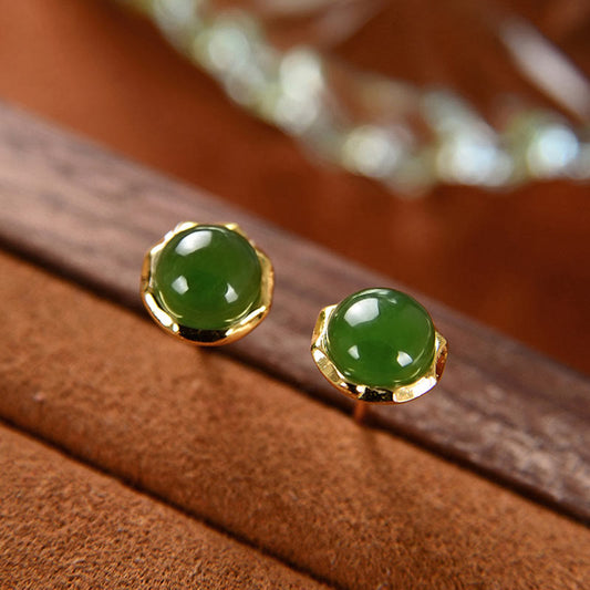 Jade 925 Sterling Silver Plated Gold Natural Hetian Cyan Jade Bead Luck Stud Earrings