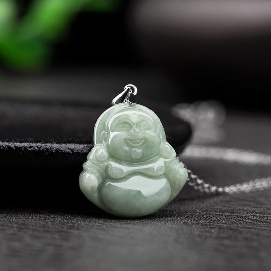 Jade 925 Sterling Silver Laughing Buddha Jade Blessing Necklace Chain Pendant