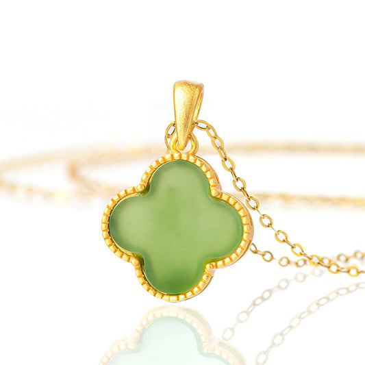 Jade 925 Sterling Silver Natural Hetian Jade Luck Four Leaf Clover Necklace Pendant