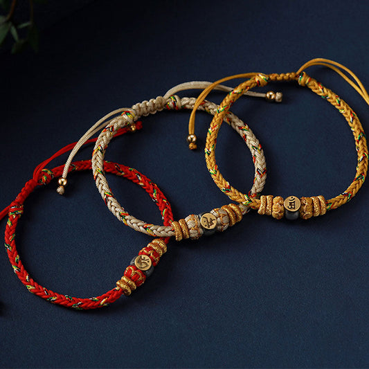 Ancient Tibetan Buddhist Red String Tradition Chinese Zodiac Natal Buddha Silver Luck Braided String Bracelet