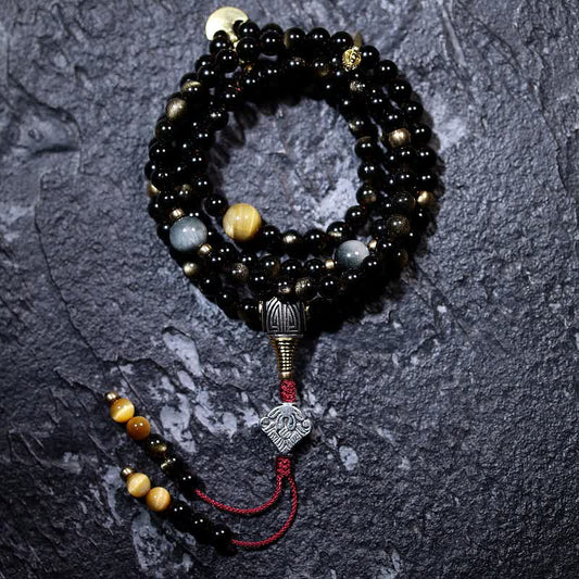 Spirituality Buddha Karma 108 Mala Beads Gold Sheen Obsidian Tiger Eye Eagle's Eye Stone Wealth Bracelet