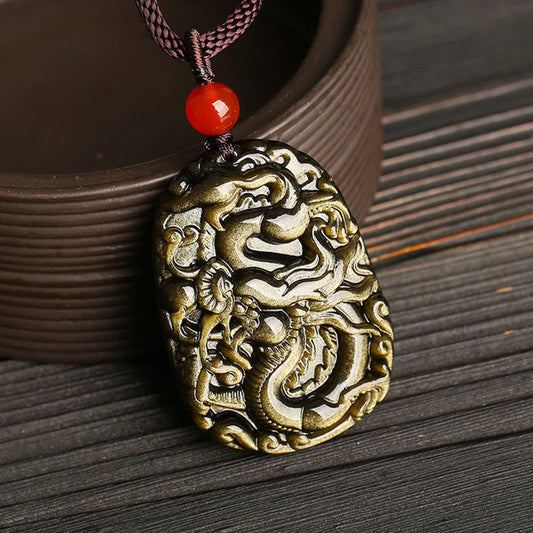 Spirituality Buddha Karma Gold Sheen Obsidian Dragon Pattern Success Necklace Pendant