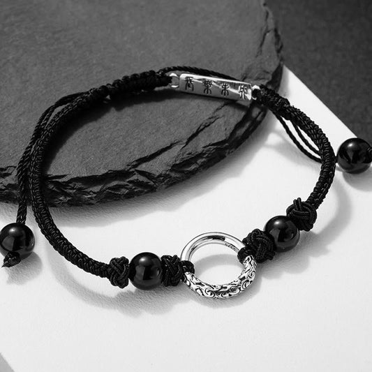 Ancient Tibetan Buddhist Red String Tradition 925 Sterling Silver Black Onyx Peace Buckle Protection Bracelet
