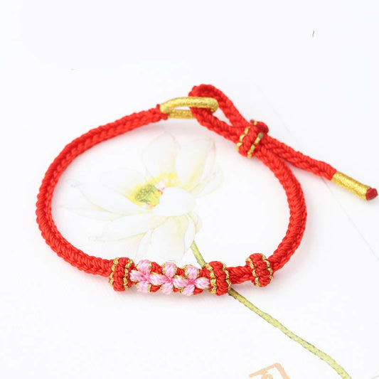 Ancient Tibetan Buddhist Red String Tradition Handmade Three Peach Blossoms Luck Eight Strands Braided String Bracelet