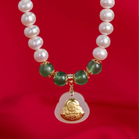 Buddha Energy Necklace 999 Gold Laughing Buddha Hetian White Jade Pearl Blessing Necklace Pendant