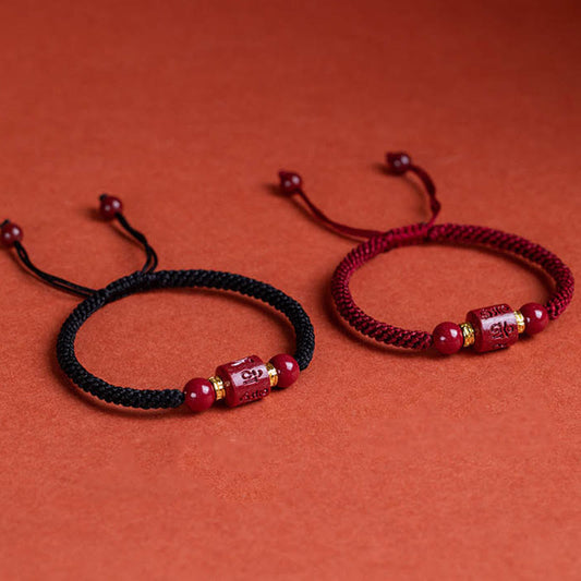 Ancient Tibetan Buddhist Red String Tradition Tibet Cinnabar Om Mani Padme Hum Engraved Blessing Braided Bracelet