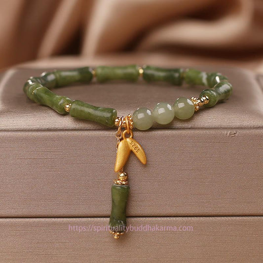 Jade Green Bamboo Jade Leaf Pattern Wealth Luck Bracelet