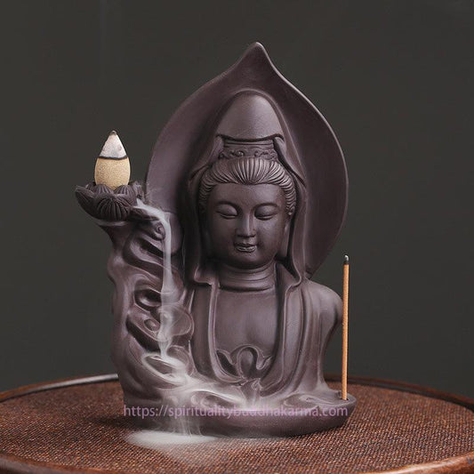Spirituality Tibetan Avalokitesvara Buddha Lotus Healing Backflow Smoke Fountain Incense Burner