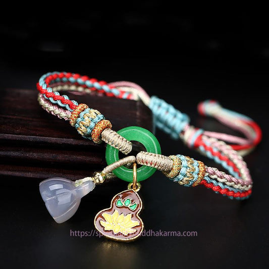 Ancient Tibetan Buddhist Red String Tradition Colorful Rope Chalcedony Lotus Jade Peace Buckle Harmony Gourd Charm Bracelet