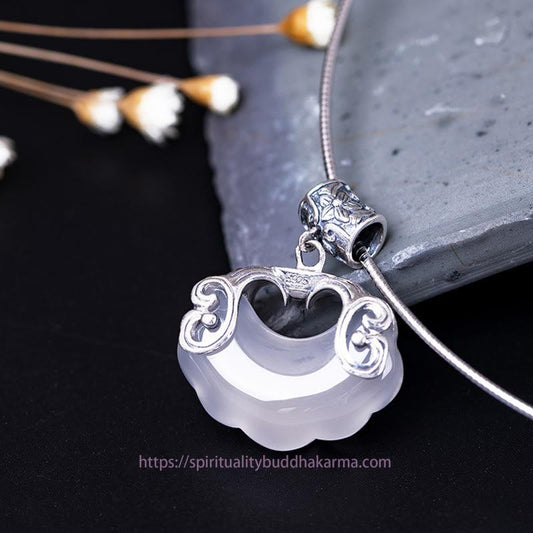 Jade 925 Sterling Silver Natural Chalcedony Lock of Good Wishes Koi Fish Luck Necklace Pendant