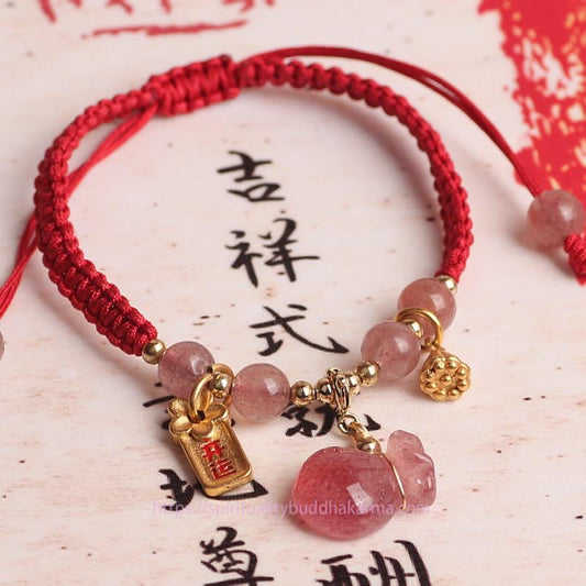 Ancient Tibetan Buddhist Red String Tradition Natural Strawberry Quartz Money Bag Lotus Healing Charm Red String Braided Bracelet