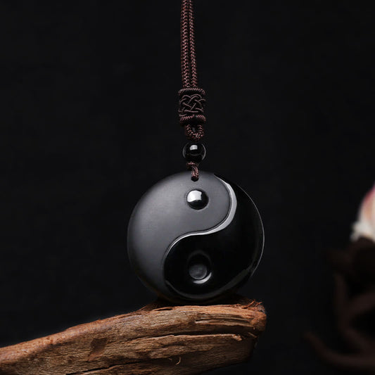 Spirituality Buddha Karma Black Obsidian Taoism Five Sacred Mountains Nine-Character Mantra Carved Purification Yin Yang Necklace Pendant