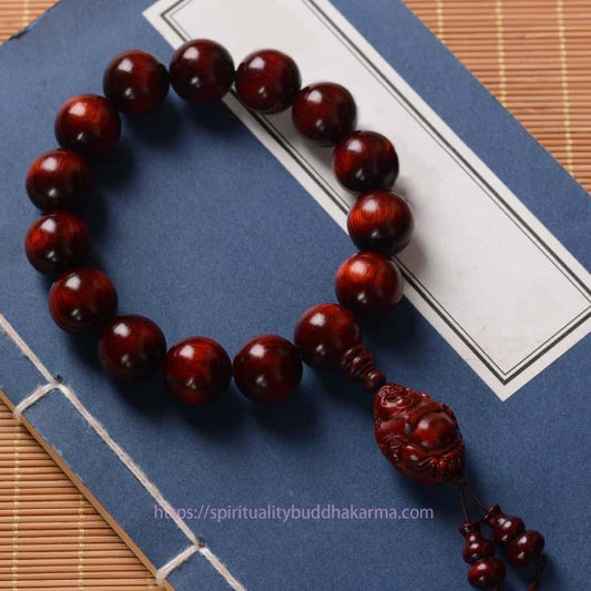 Spirituality Small Leaf Red Sandalwood Laughing Buddha God of Wealth Protection Bracelet