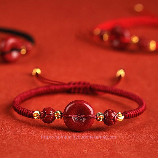 Ancient Tibetan Buddhist Red String Tradition Handmade Lotus Cinnabar Peace Buckle Blessing Braid Bracelet