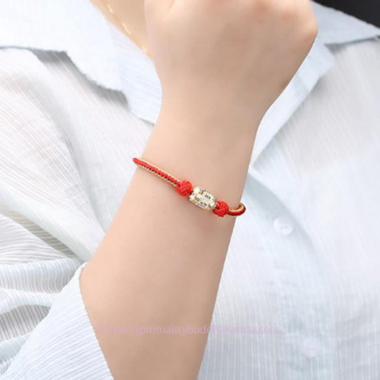 Ancient Tibetan Buddhist Red String Tradition 925 Sterling Silver Om Mani Padme Hum Prayer Wheel Luck Strength Red String Bracelet