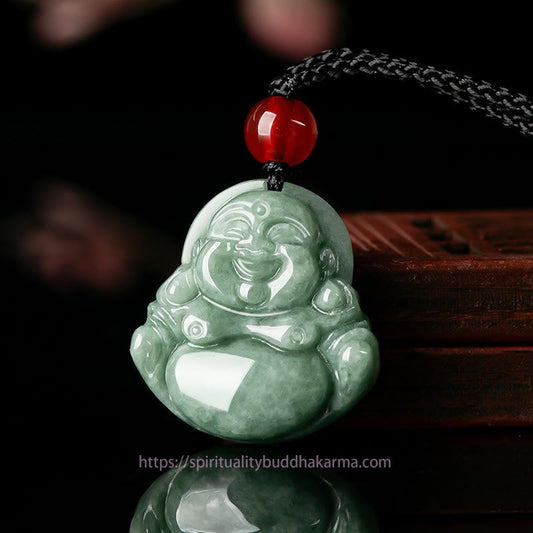 Buddha Energy Necklace Natural Green Jade Laughing Buddha Luck Abundance Necklace Pendant