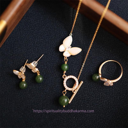 Jade Natural Cyan Jade Tridacna Stone Butterfly Bead Healing Necklace Pendant Ring Earrings