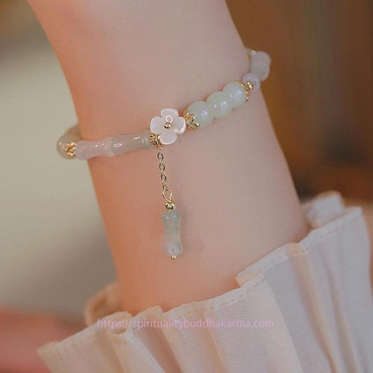 Jade 14K Gold Plated Natural Hetian Jade Flower Bamboo Pattern Luck Chain Bracelet