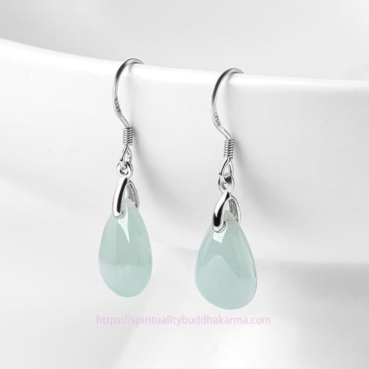 Jade 925 Sterling Silver Jade Water Drop Pattern Luck Prosperity Dangle Earrings