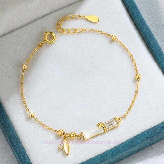 Jade 925 Sterling Silver 18K Gold Plated White Jade Bamboo Zircon Leaf Luck Bracelet