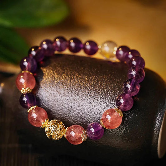 Golden Energy Citrine Natural Wealth Solar Plexus Chakra (Third Chakra) Amethyst Rutilated Quartz Prosperity Protection Bracelet