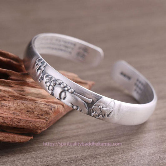 Spirituality 999 Sterling Silver Buddha Head Heart Sutra Serenity Bracelet Bangle