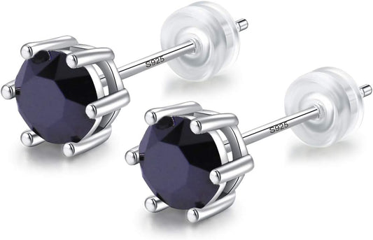 18ct White Gold Plated on Sterling Silver Black Obsidian,Earring Stud with Gift Box,Men Women