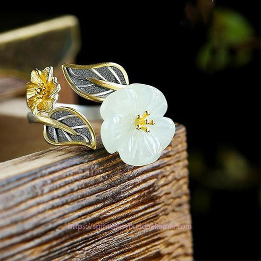 Jade 925 Silver Plated Copper White Jade Plum Flower Leaf Luck Ring