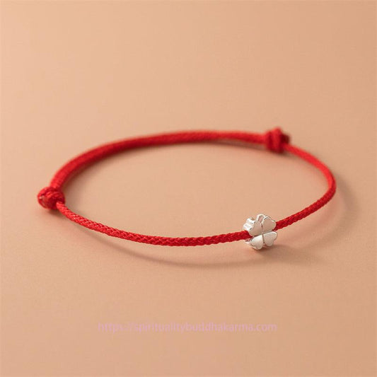 Ancient Tibetan Buddhist Red String Tradition 925 Sterling Silver Four Leaf Clover Red Rope Bracelet