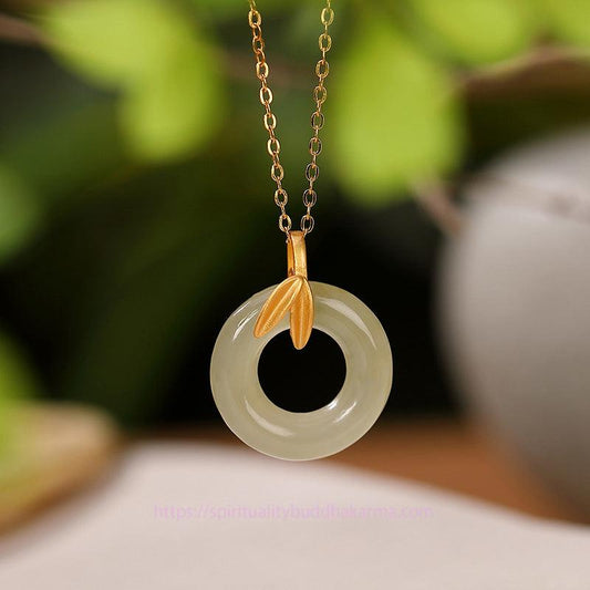 Jade 925 Sterling Silver Cyan Jade Peace Buckle Bamboo Leaf Harmony Necklace Pendant