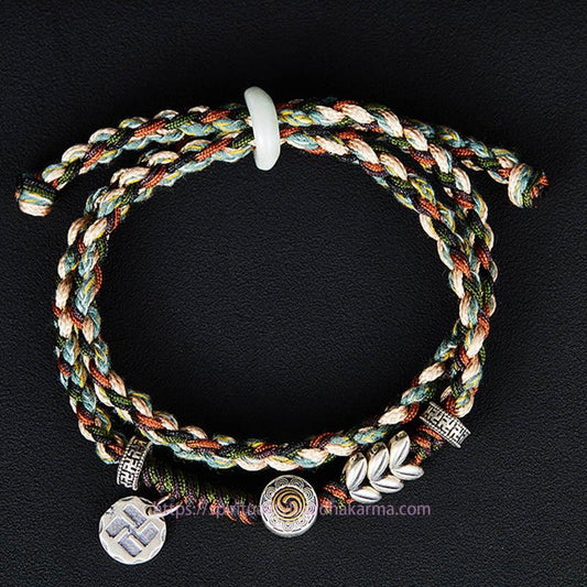 Ancient Tibetan Buddhist Red String Tradition 925 Sterling Silver Swastika Wheat Pattern Handmade Luck Bracelet