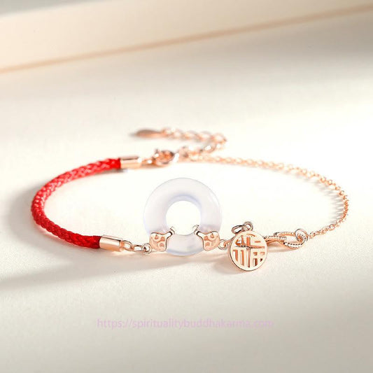 Ancient Tibetan Buddhist Red String Tradition 925 Sterling Silver Peace Buckle Chalcedony Fu Character Harmony Bracelet