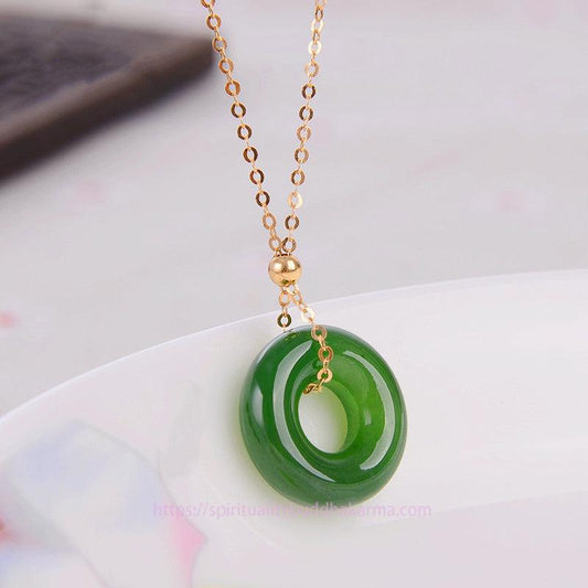 Jade Round Cyan Jade Healing 14K Gold Necklace Pendant