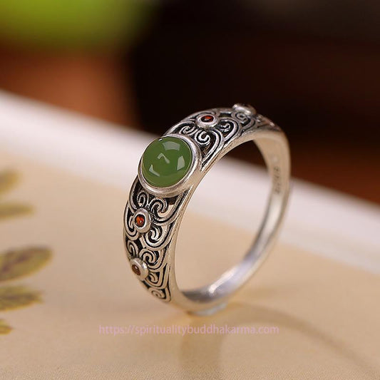 Jade 925 Sterling Silver Hetian Cyan Jade Harmony Adjustable Ring