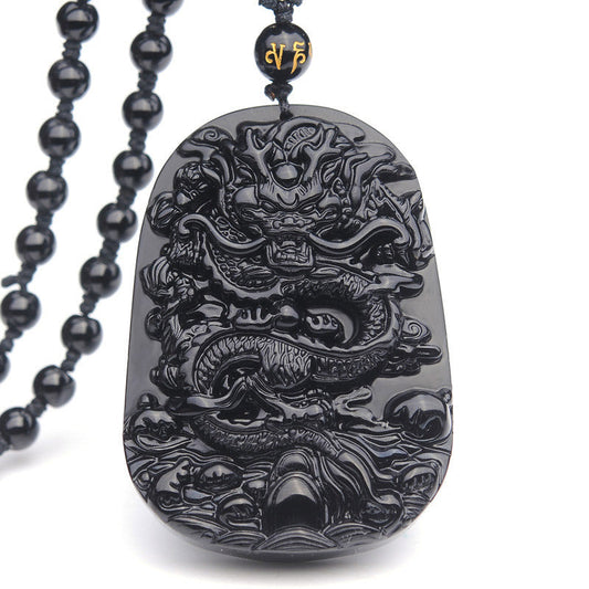 Spirituality Buddha Karma Black Obsidian Stone Dragon Fulfilment Pendant Necklace