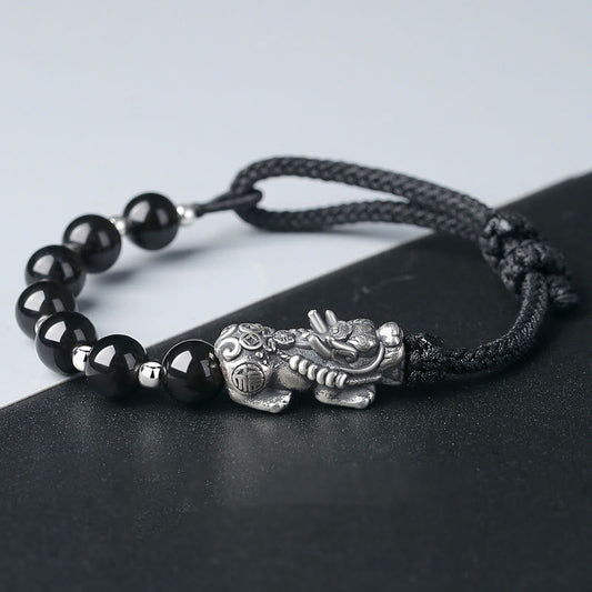 Spirituality Buddha Karma 999 Sterling Silver FengShui PiXiu Natural Black Obsidian 925 Sterling Silver Bead Strength Bracelet