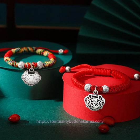 Ancient Tibetan Buddhist Red String Tradition 925 Sterling Silver Chinese Lock Charm Multicolored Red String Protection Handmade Braided Kids Bracelet
