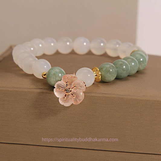Jade White Agate Jade Flower Charm Luck Protection Bracelet