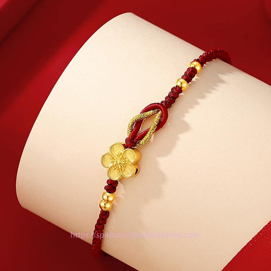 Ancient Tibetan Buddhist Red String Tradition Handmade 925 Sterling Silver Cherry Blossoms Sakura Chalcedony Luck Bracelet