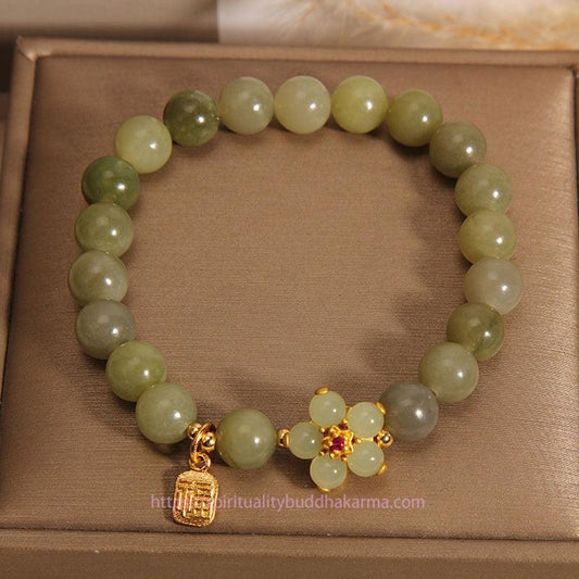 Jade Green Jade Flower Fu Character Charm Luck Bracelet