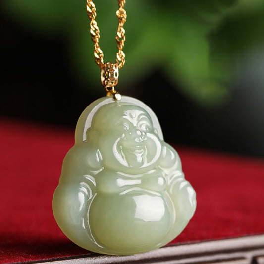 Buddha Energy Necklace 925 Sterling Silver Laughing Buddha Cyan Jade 18K Gold Success Necklace Pendant