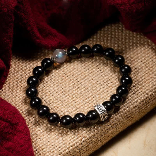 Spirituality Buddha Karma Chinese Zodiac Natal Buddha 925 Sterling Silver Black Obsidian Moonstone Strength Bracelet