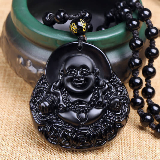 Buddha Energy Necklace Laughing Buddha Black Obsidian Strength Protection Pendant Necklace