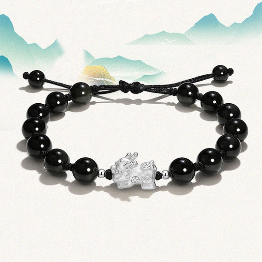 Spirituality Buddha Karma Natural Black Obsidian Cat's Eye Pink Crystal PiXiu Strength Bracelet